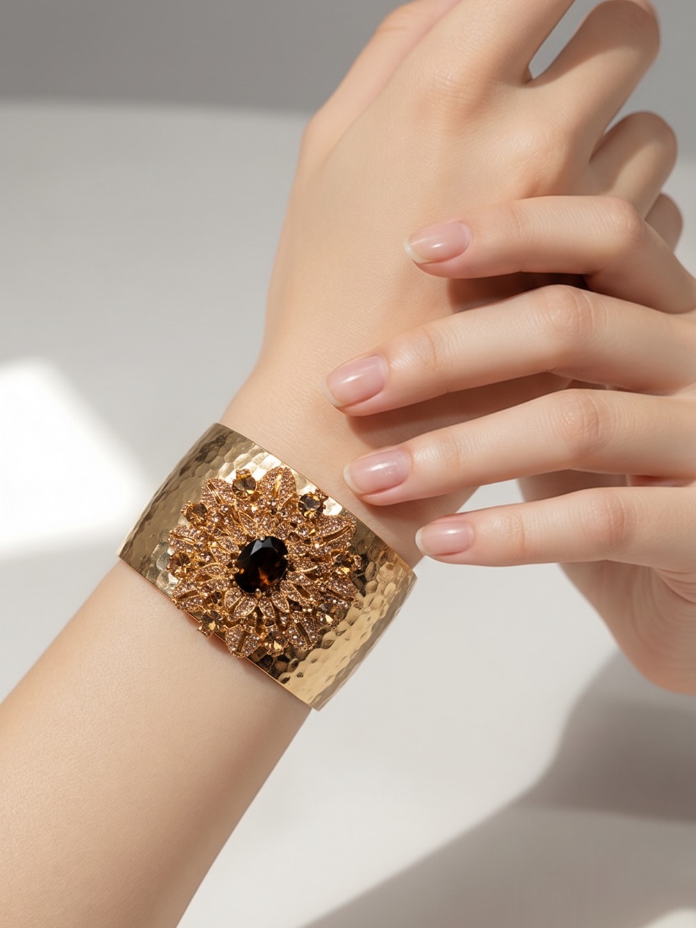 Gold Hammered Cuff Bracelet with Central Smoky Crystal